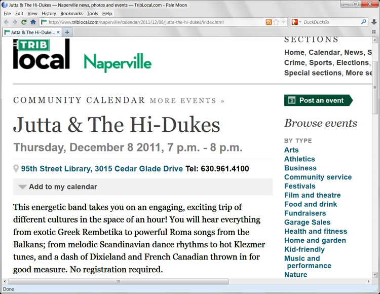 Image of article in the Naperville Tribune December 11, 2011 web page about Jutta & the Hi-Dukes (tm)